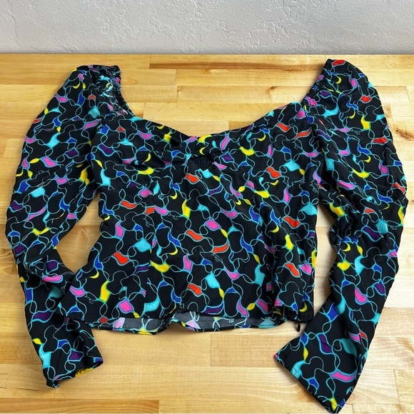 Staud Josephine Black Printed Multicolor Crepe Long Sleeve Sweetheart Top Size 6 - Picture 8 of 13